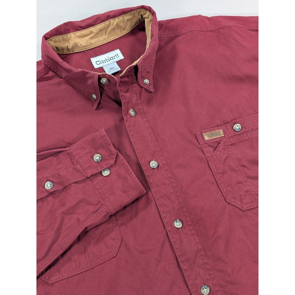 Carhartt Shirt Mens 2XL Burgundy Button Up Long Sleeve Workwear Pocket Relaxed